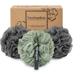 myHomeBody loofah large70g graphite gray setup for luxurious gentle exfoliation in showers.