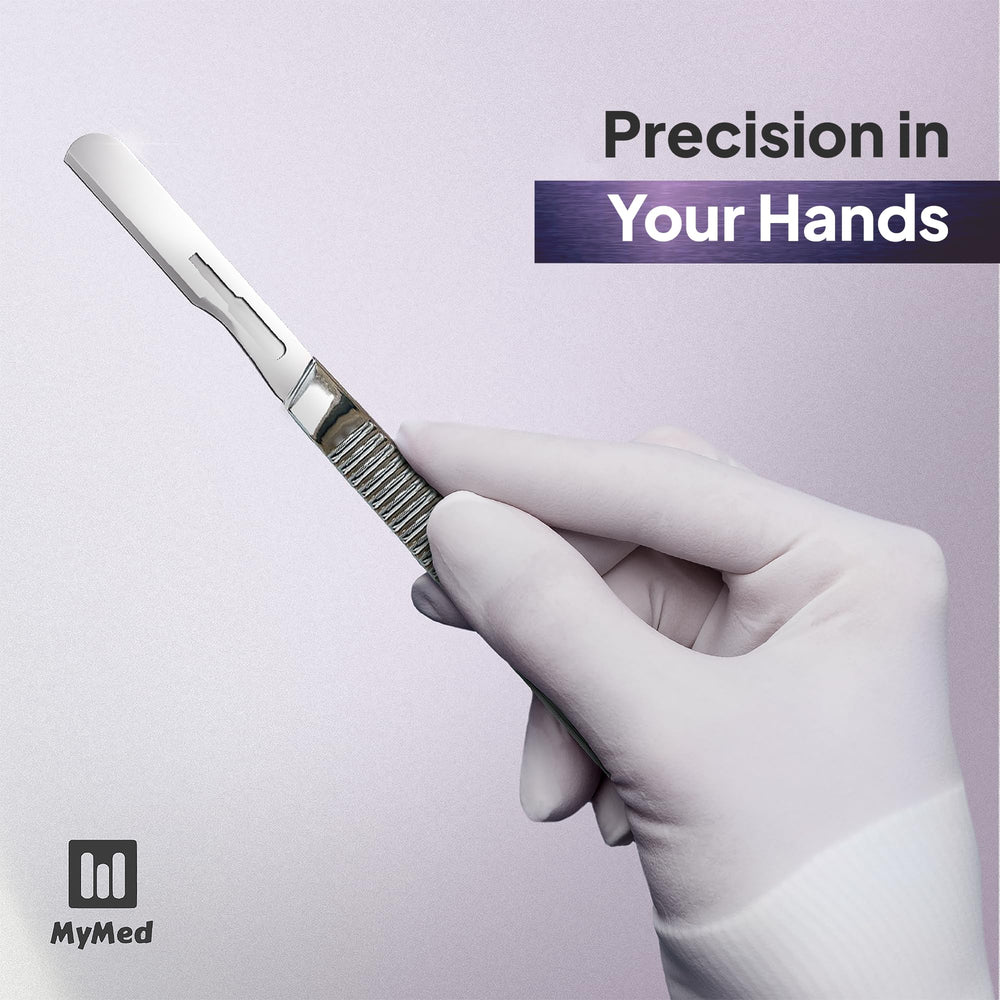 MyMed dermaplane razor guided along dry skin with taut surface.