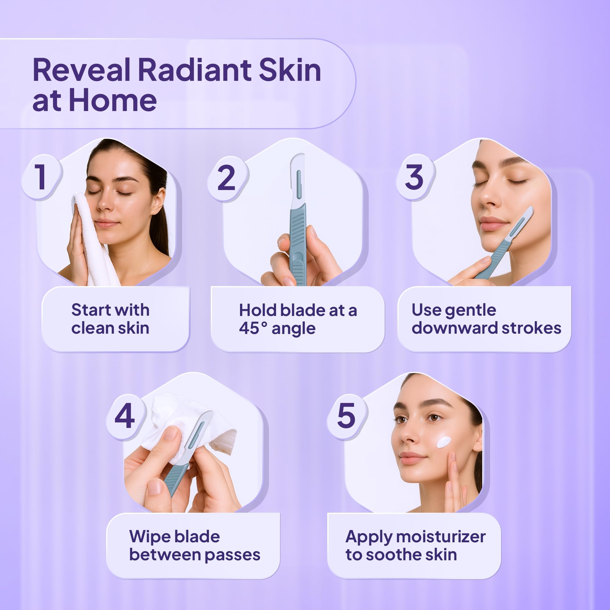 MyMed dermaplaning tool shown on the face for peach fuzz removal and radiant skin.