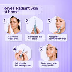 MyMed dermaplaning tool shown on the face for peach fuzz removal and radiant skin.