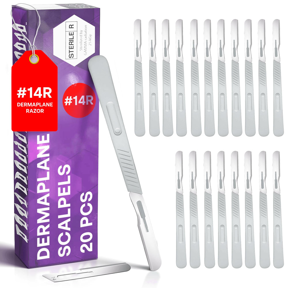 MyMed disposable 14R dermaplaning razors pack 20 closeup; enables at-home smooth skin prep.