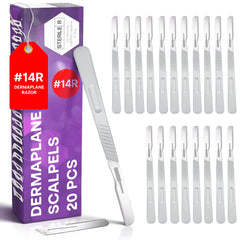 MyMed disposable 14R dermaplaning razors pack 20 closeup; enables at-home smooth skin prep.