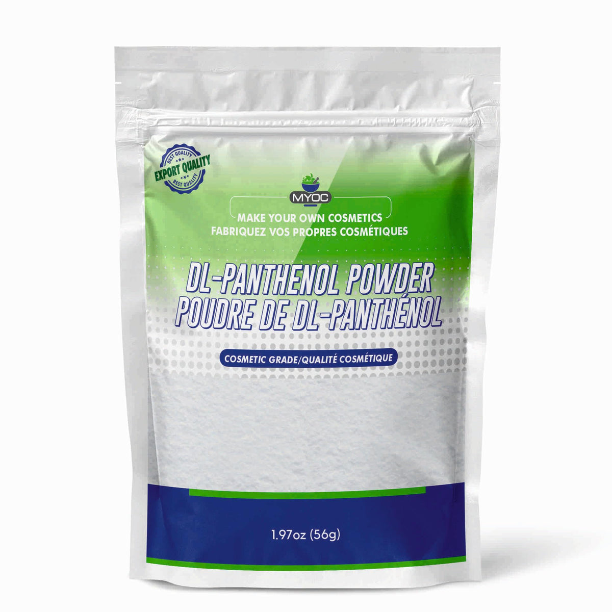 MYOC DL-Panthenol Powder packaging shows cosmetic-grade powder for DIY skincare formulations.