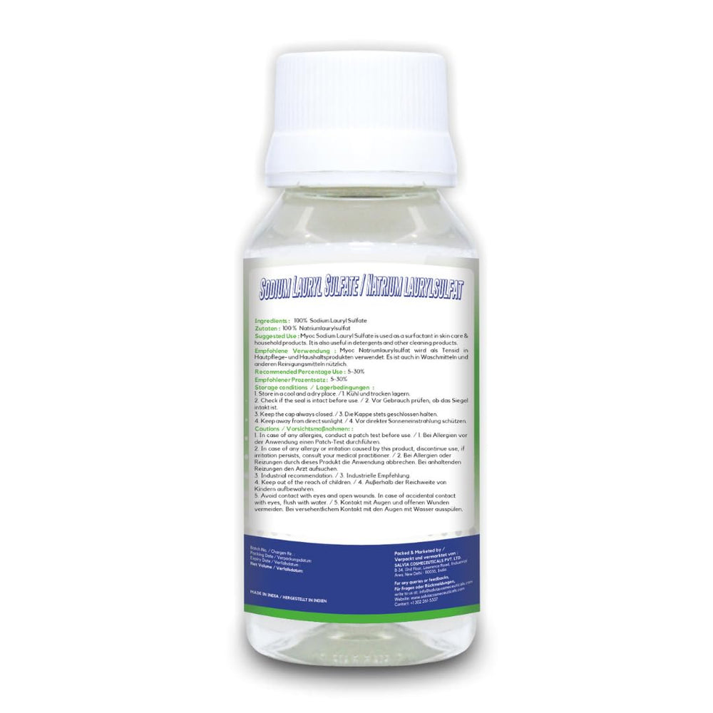 MYOC SLS bottle-front packaging highlights cosmetic-grade surfactant for skin-safe cleansers.