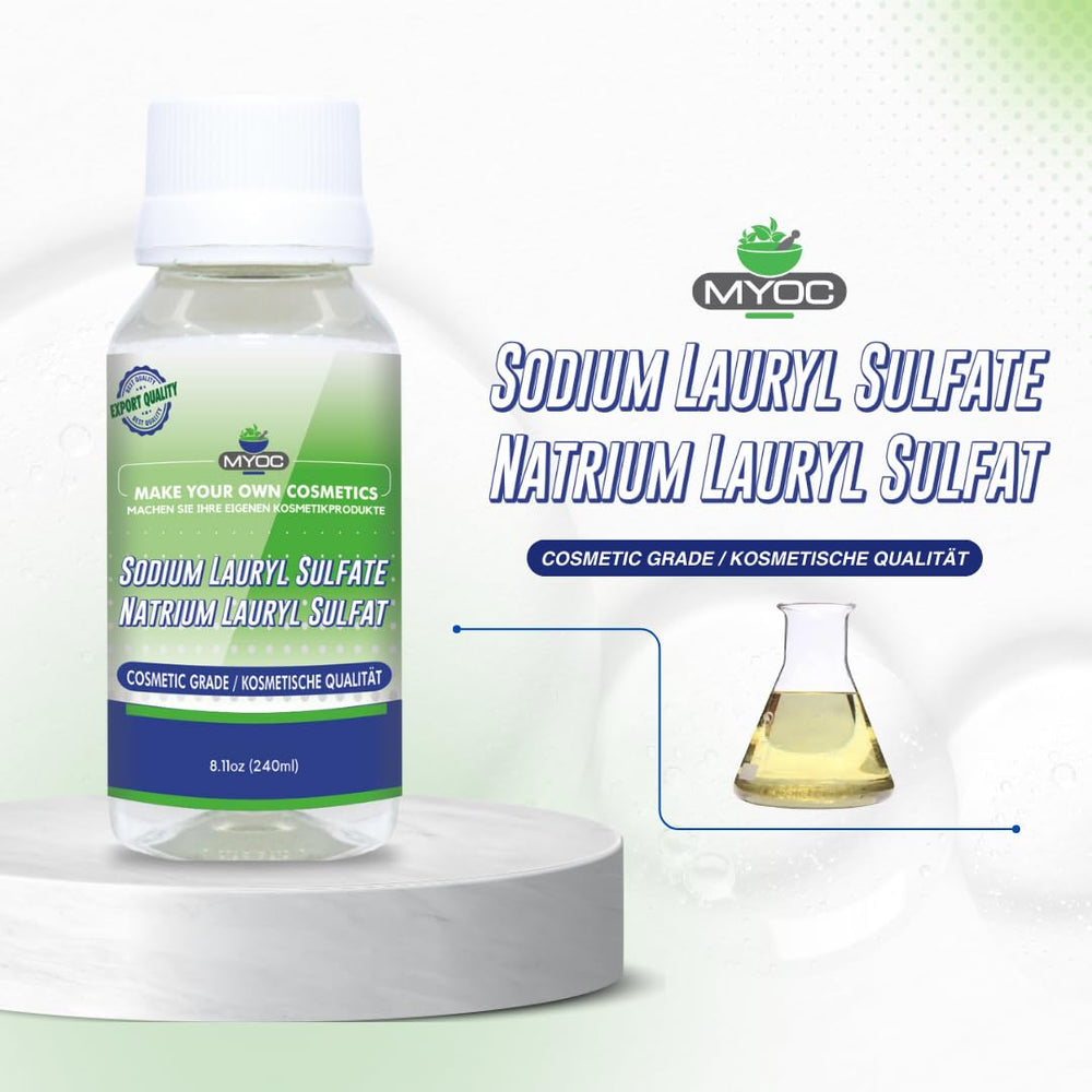 MYOC Sodium Lauryl Sulfate label close-up showing usage guidelines for balanced cleansing formulas.