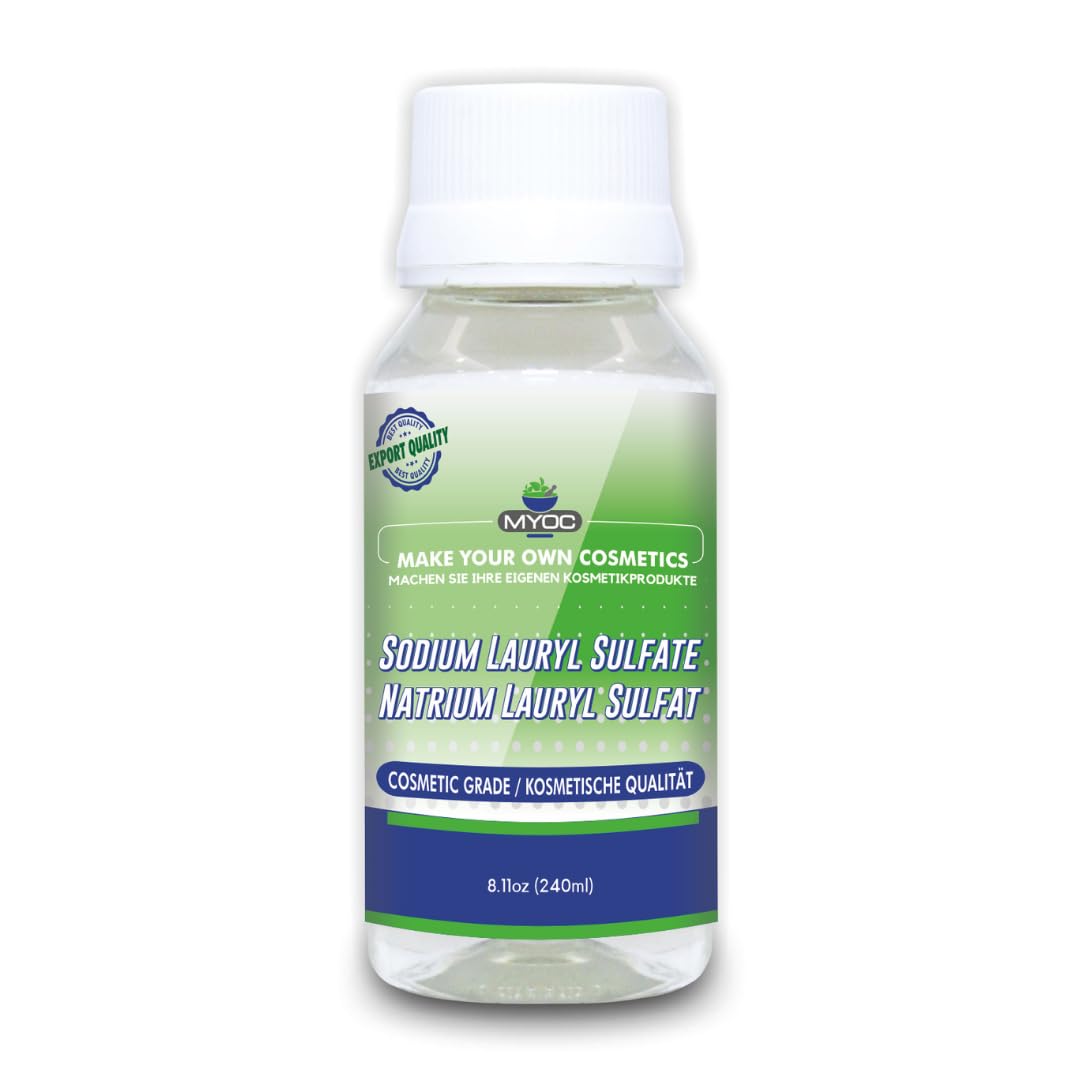 MYOC Sodium Lauryl Sulfate pour bottle shows high-foaming formula for DIY shampoos.