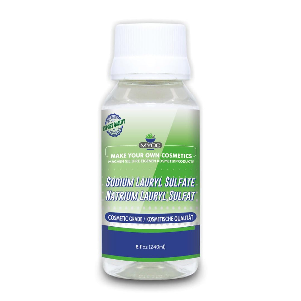 MYOC Sodium Lauryl Sulfate pour bottle shows high-foaming formula for DIY shampoos.