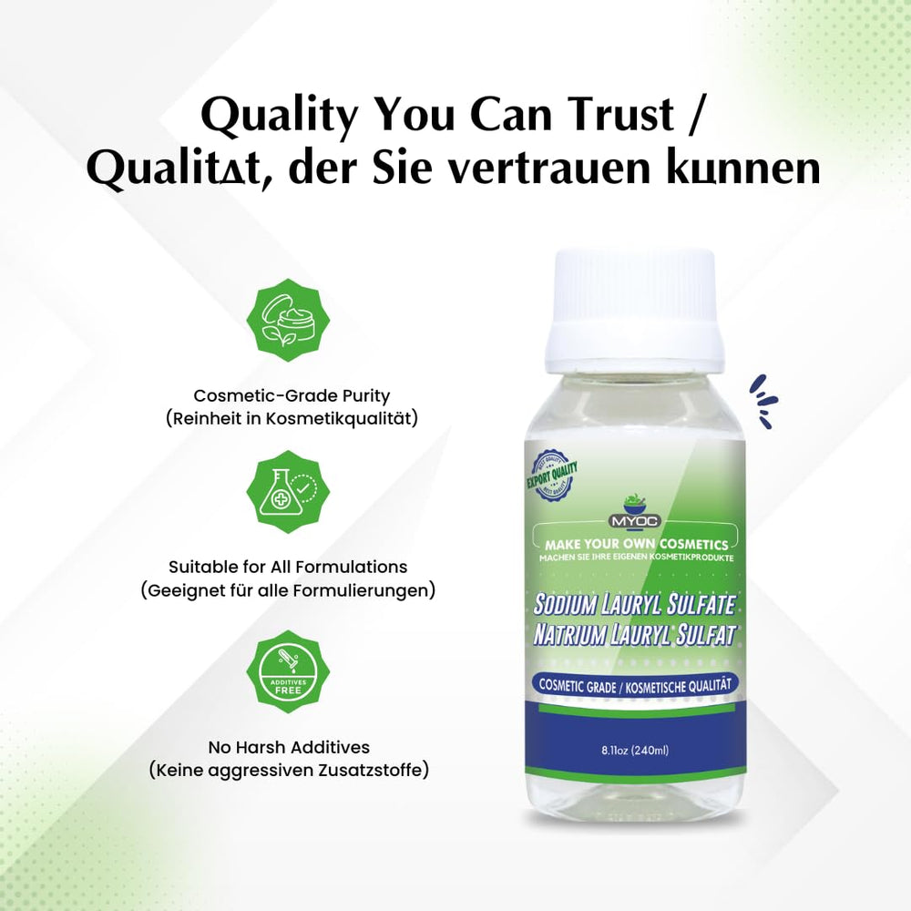 MYOC SLS bottle with shampoo formulation pour demonstrates high-foaming cleansing potential.