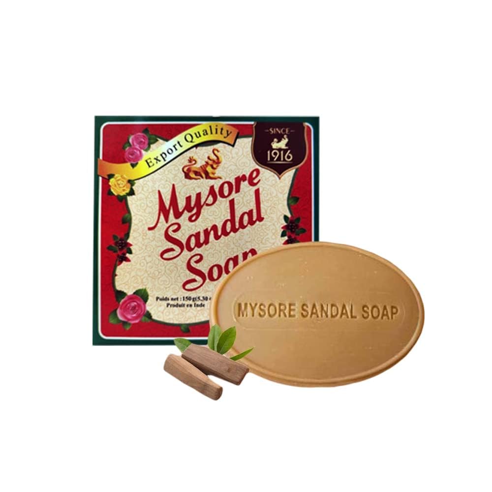 Mysore Sandal Soap label detail emphasizes pure sandalwood oil for aromatic cleansing.