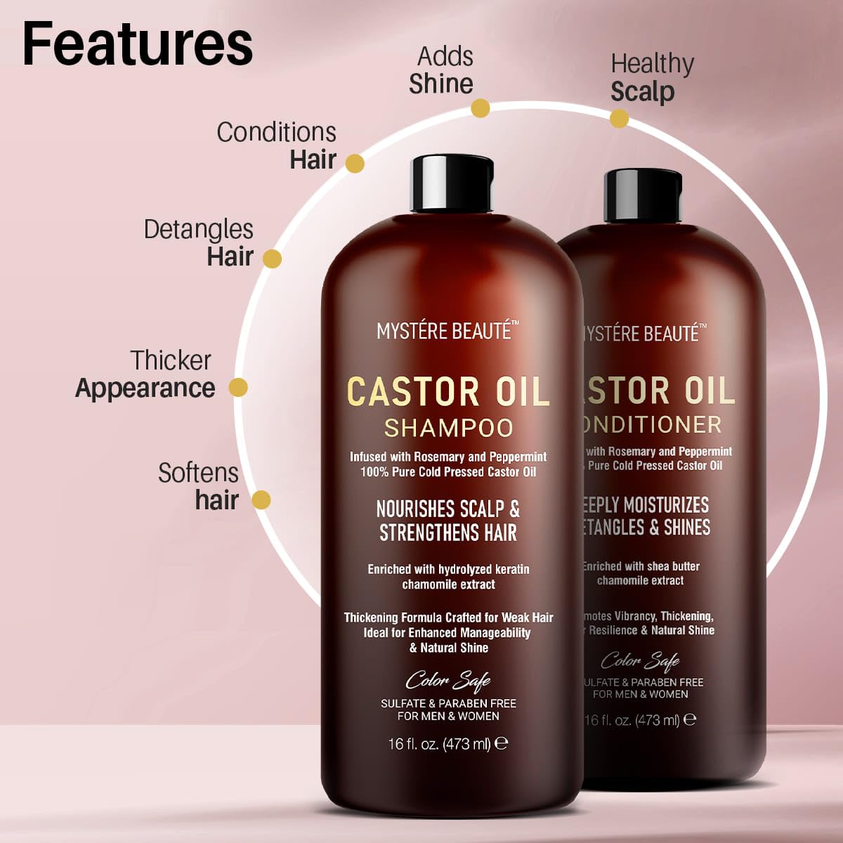 Mystère Beauté castor oil conditioner bottle highlighting detangling and natural shine.