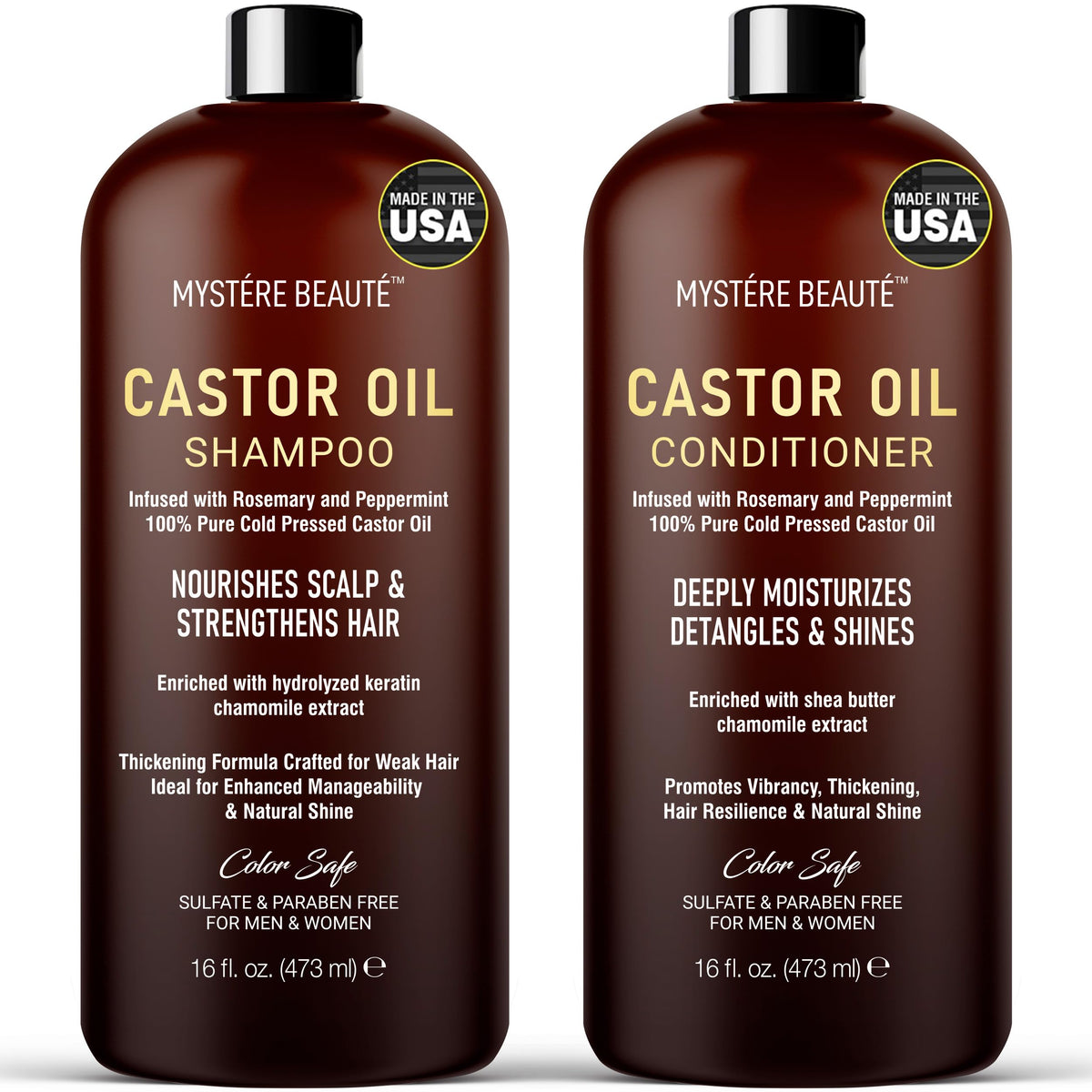 Mystère Beauté castor oil shampoo bottle with peppermint for refreshing scalp stimulation.
