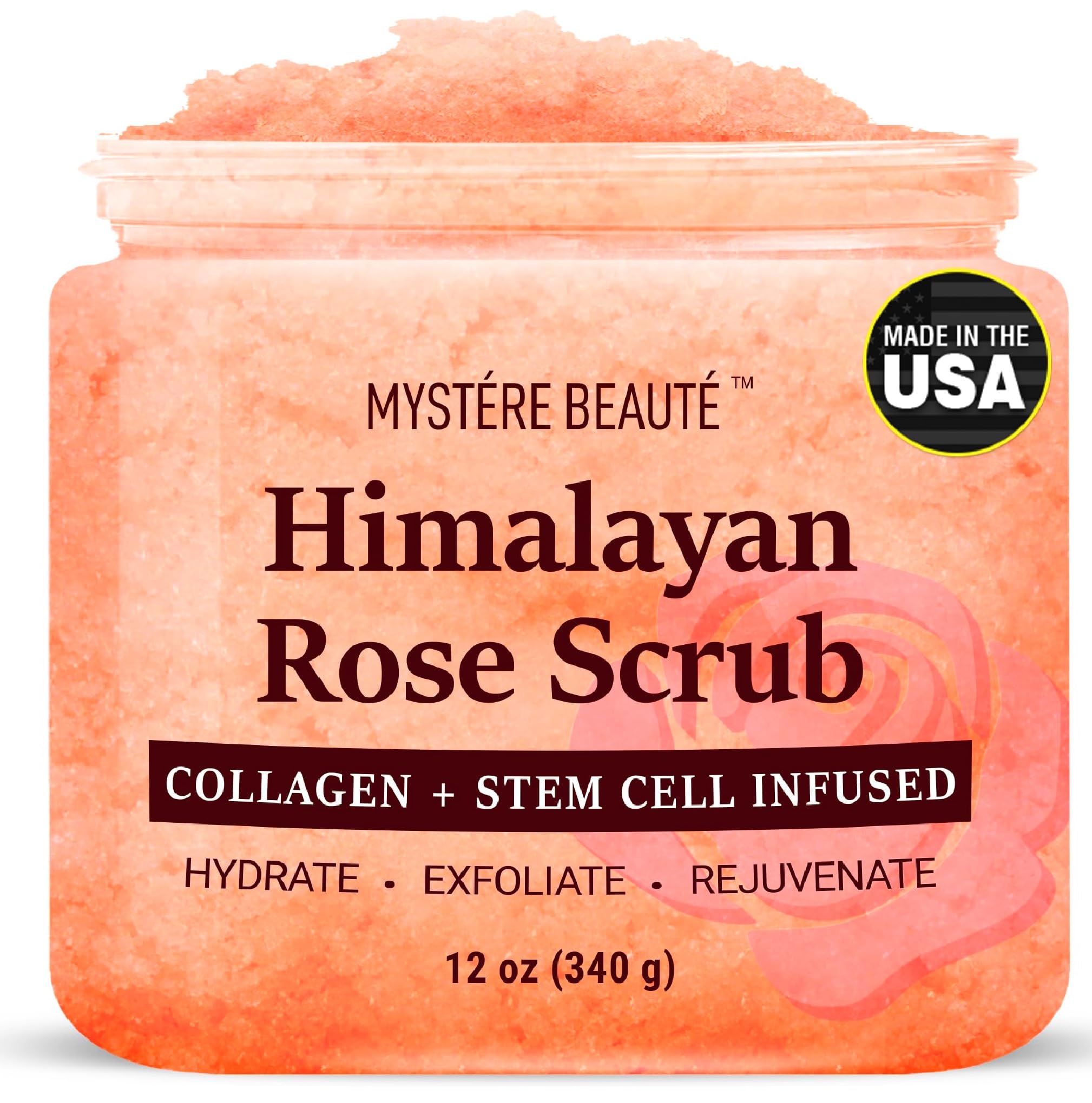 Mystère Beauté Himalayan Salt Body Scrub bottle front for exfoliation and radiant skin.
