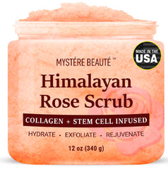Mystère Beauté Himalayan Salt Body Scrub bottle front for exfoliation and radiant skin.