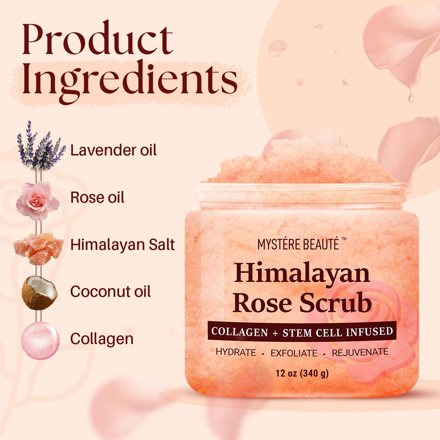 Mystère Beauté Himalayan Salt Body Scrub jar open showing creamy scrub texture.