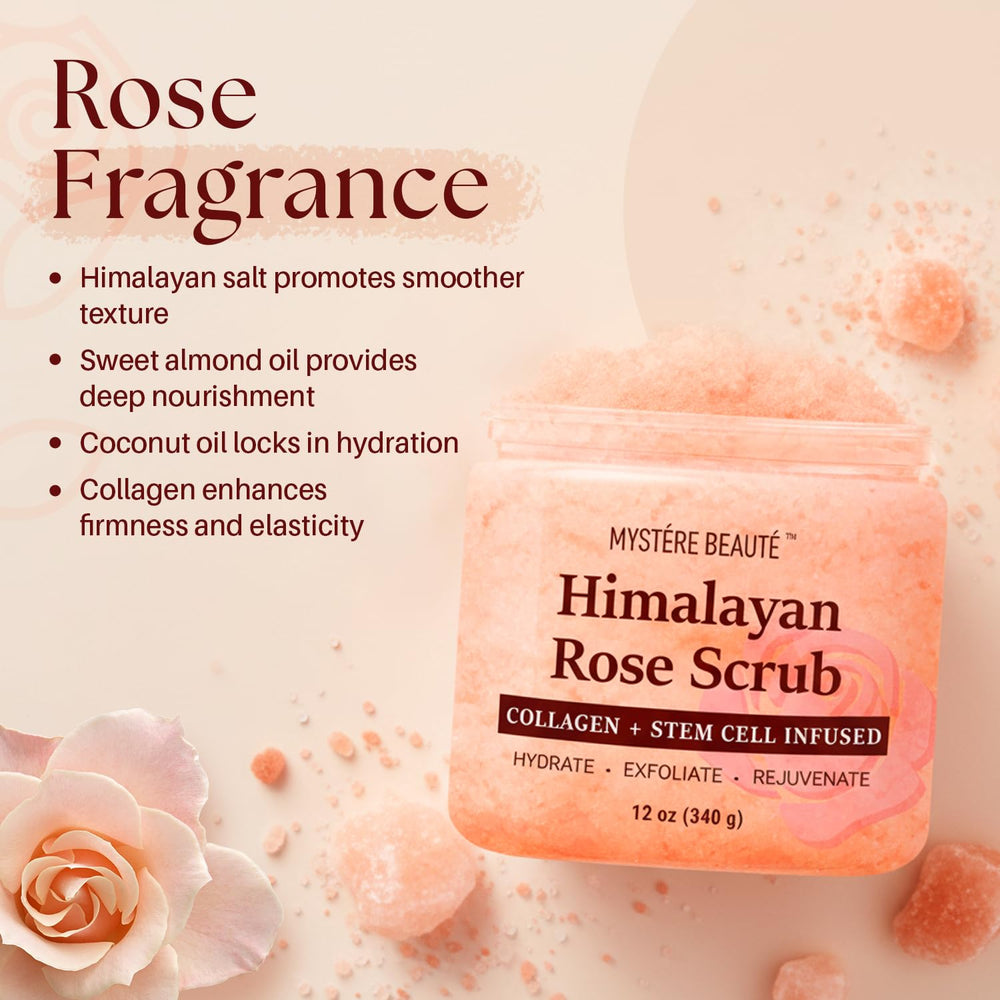 Mystère Beauté Himalayan Salt Body Scrub rose oil and almond oil detail.