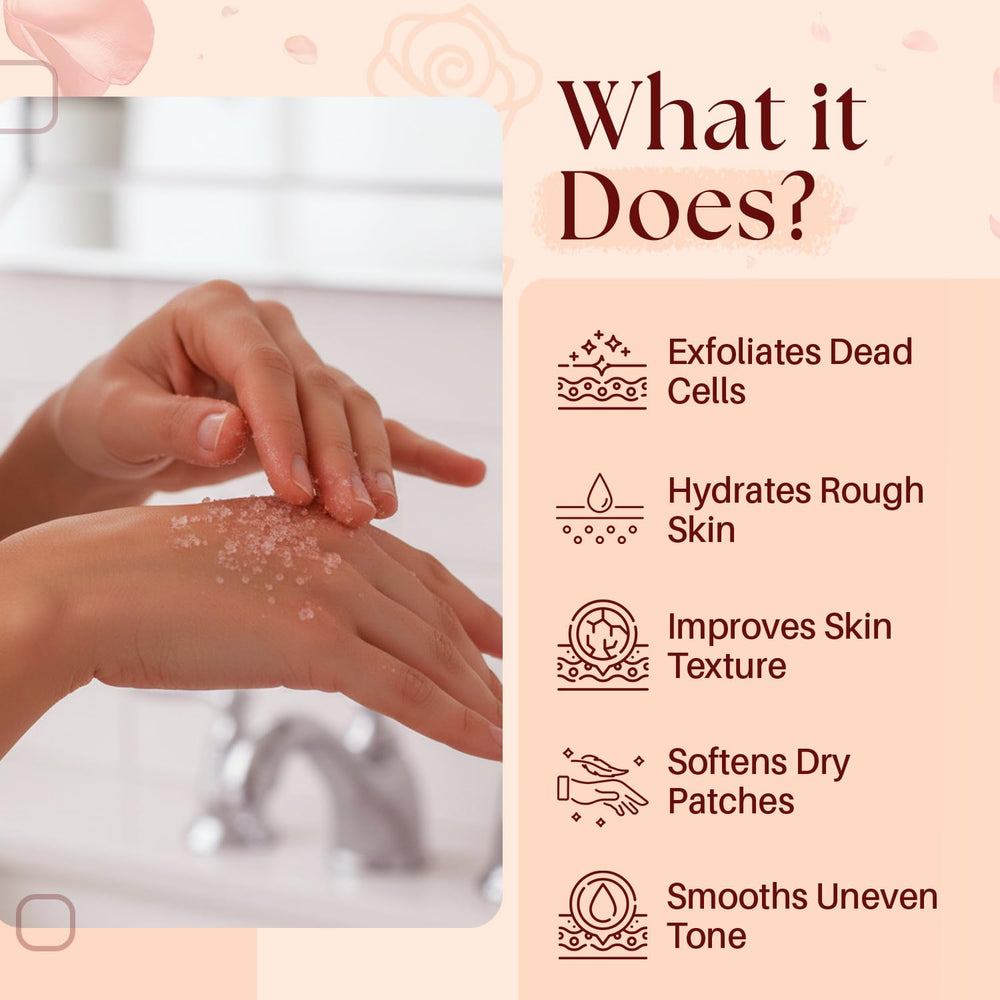 Mystère Beauté Himalayan Salt Body Scrub texture closeup with pink salt crystals and oils.