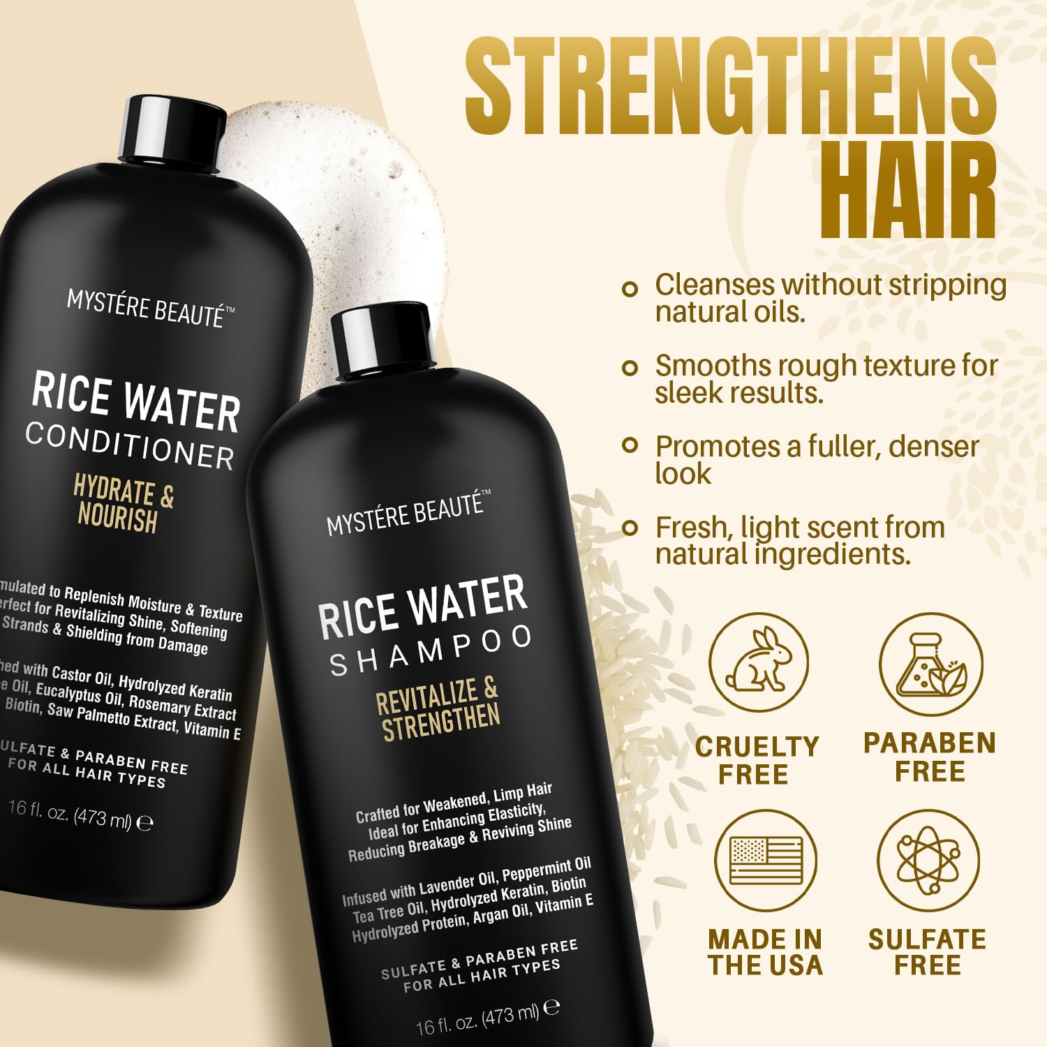 MYSTÉRE BEAUTÉ rice water conditioner ingredients close-up with argan oil