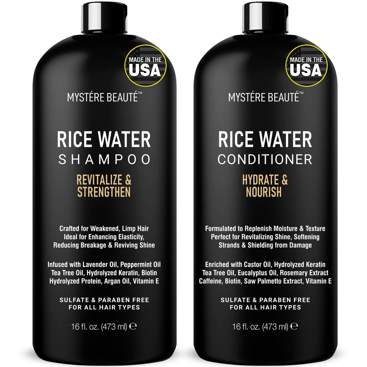 MYSTÉRE BEAUTÉ rice water shampoo bottle shows hydrating formula for hair