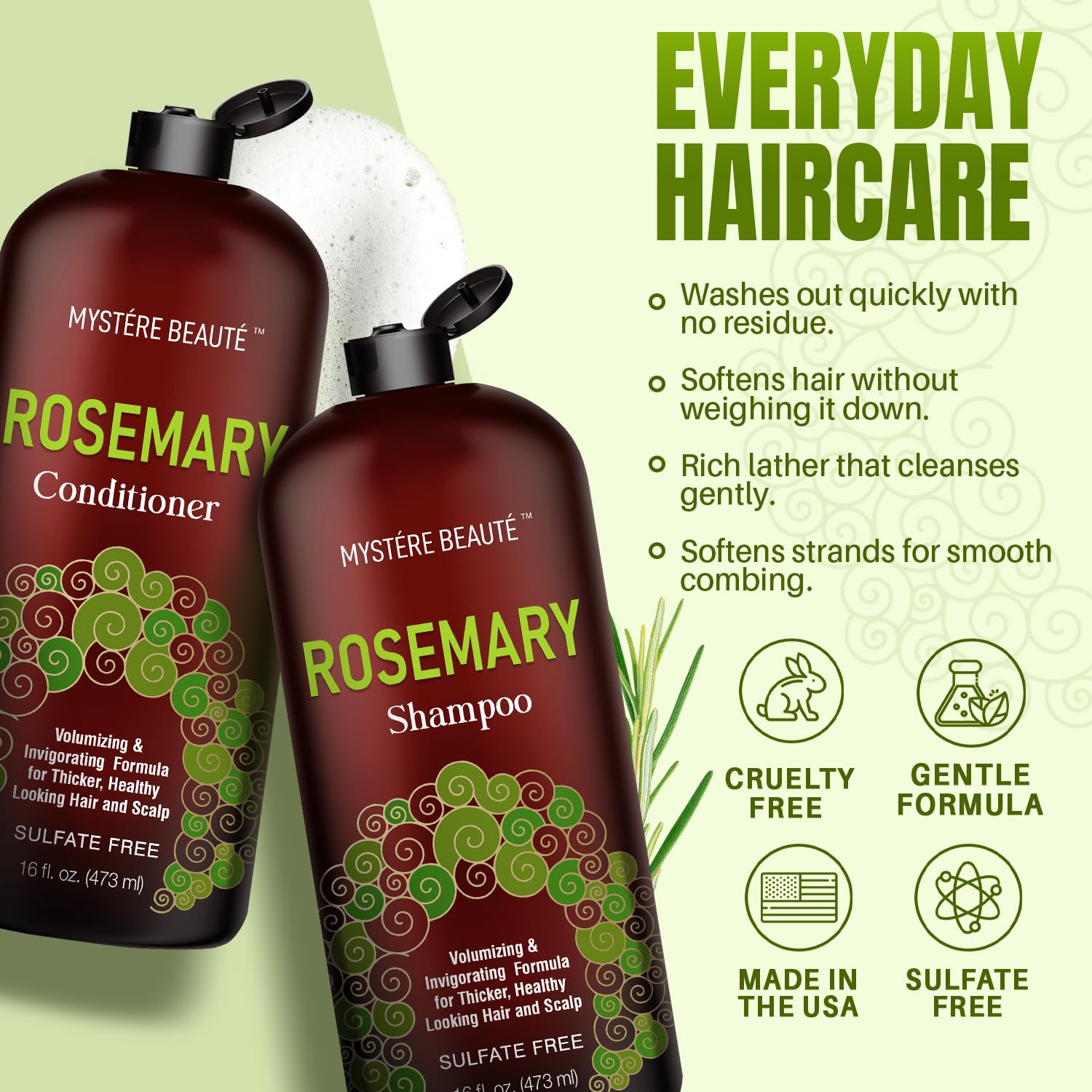 MYSTÉRE BEAUTÉ Rosemary Conditioner bottle highlights hydrolyzed keratin for hydrated, smoother strands.