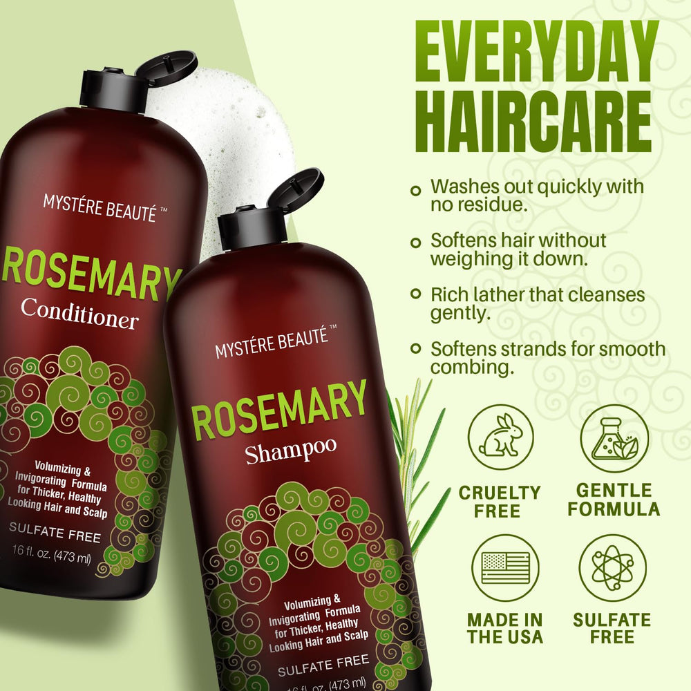 MYSTÉRE BEAUTÉ Rosemary Conditioner bottle highlights hydrolyzed keratin for hydrated, smoother strands.