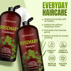 MYSTÉRE BEAUTÉ Rosemary Conditioner bottle highlights hydrolyzed keratin for hydrated, smoother strands.