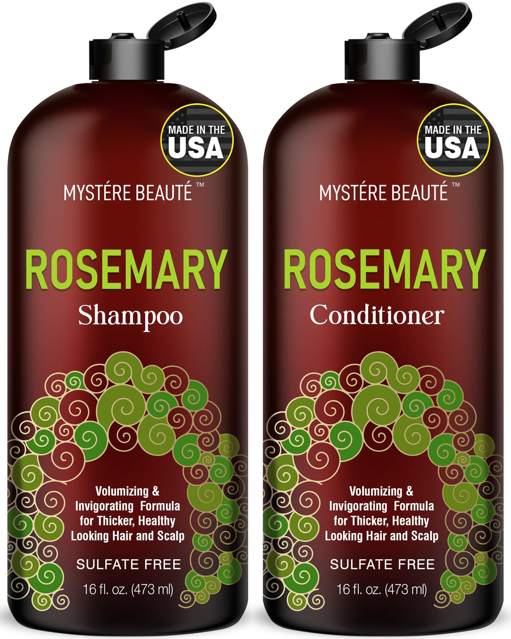 MYSTÉRE BEAUTÉ Rosemary Shampoo bottle demonstrates gentle cleansing for dry or thinning hair.