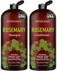 MYSTÉRE BEAUTÉ Rosemary Shampoo bottle demonstrates gentle cleansing for dry or thinning hair.