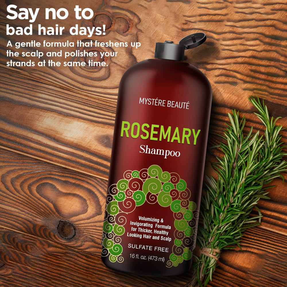 MYSTÉRE BEAUTÉ Rosemary Shampoo organic-label showcases sulfate-free, gentle care