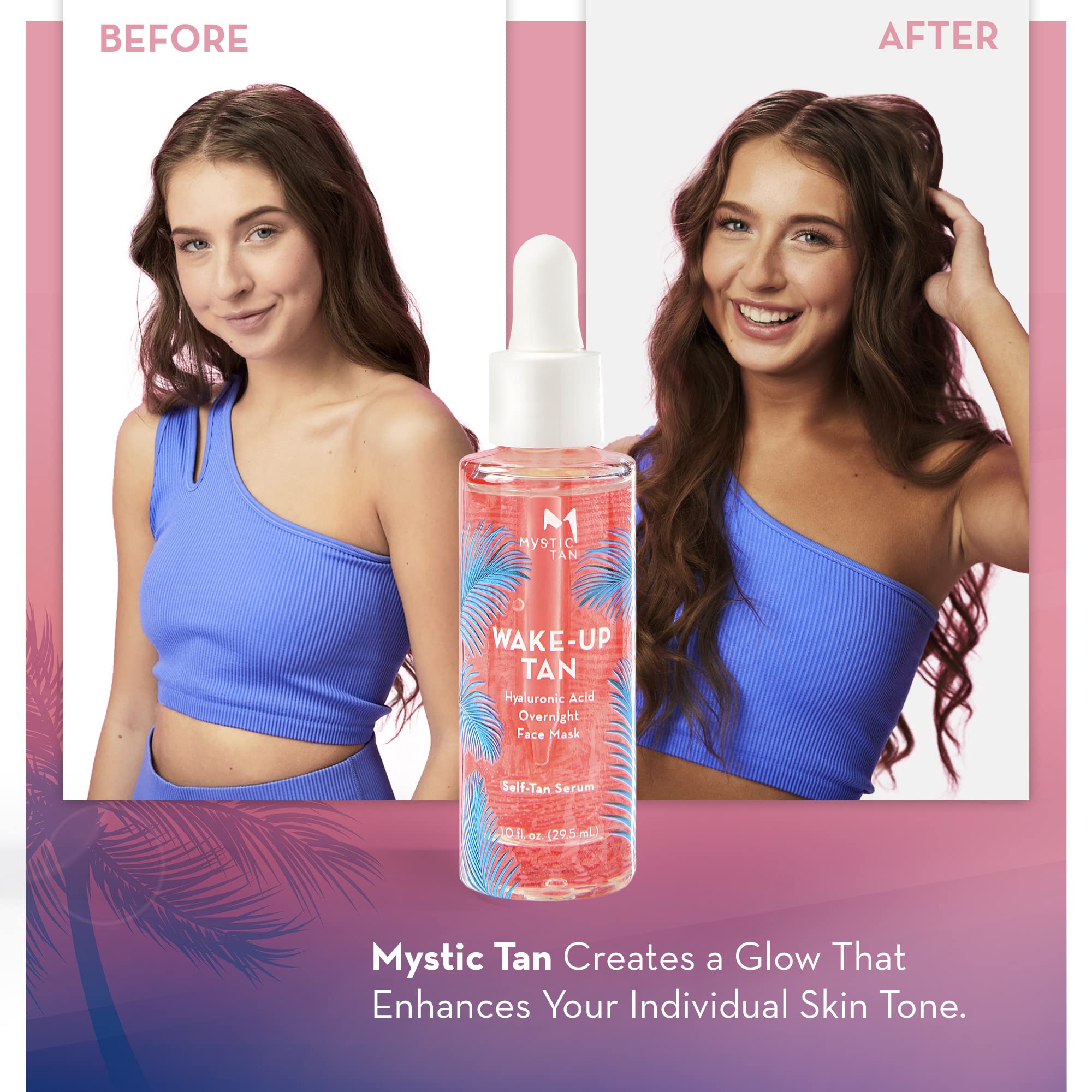 Mystic Tan Wake Up Tan serum applied to face and neck for even color