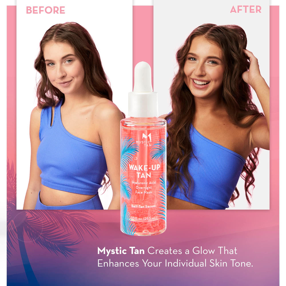 Mystic Tan Wake Up Tan serum applied to face and neck for even color