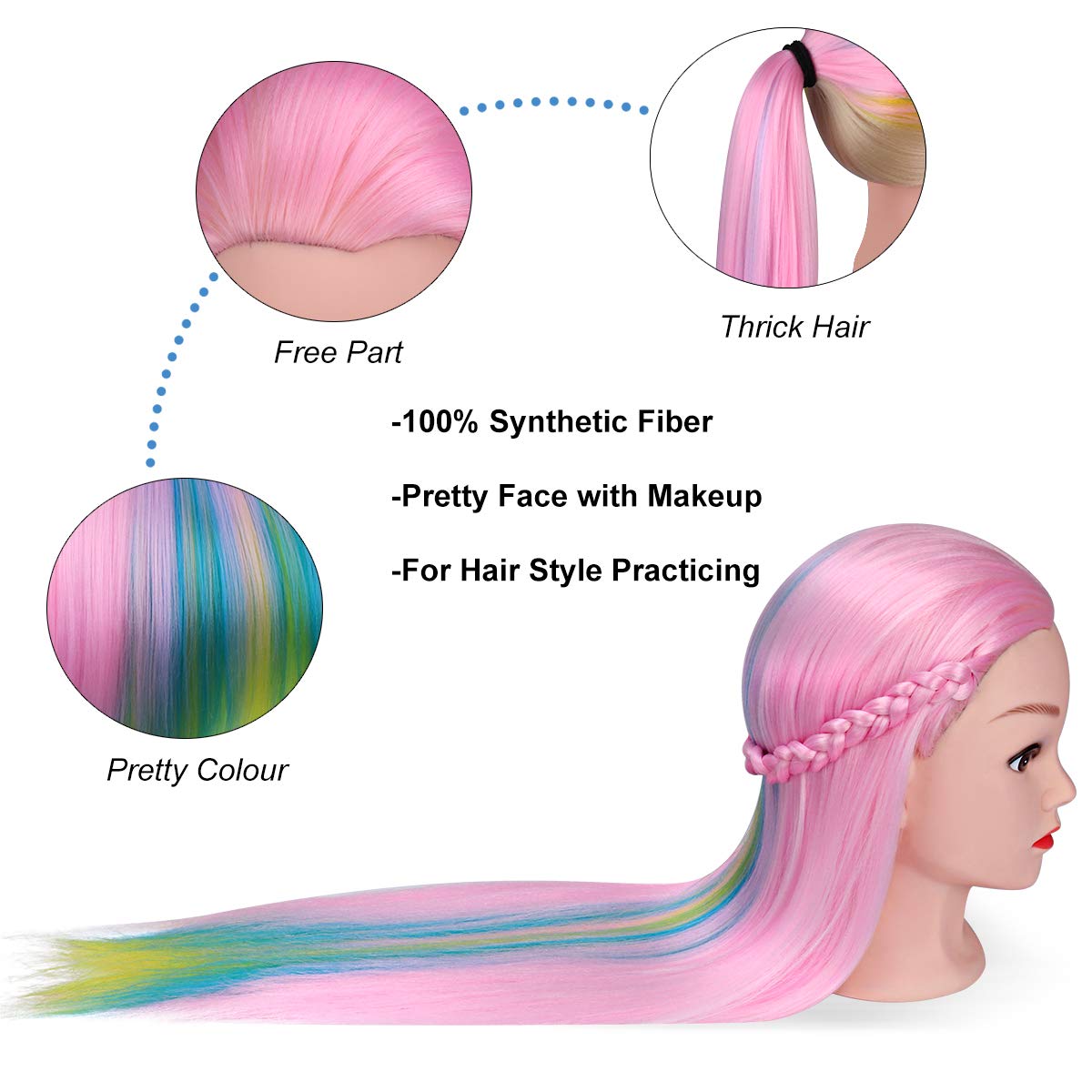 MYSWEETY pink-colored mannequin head being brushed for styling practice and detangling.