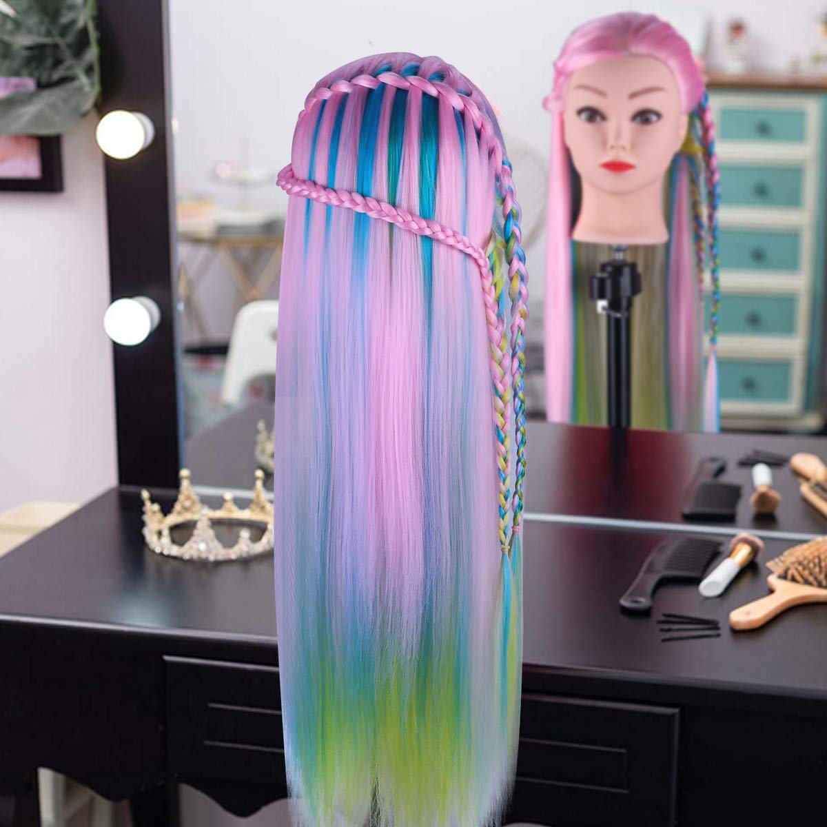 MYSWEETY 29-inch mannequin head supports home cosmetology practice and skill building.