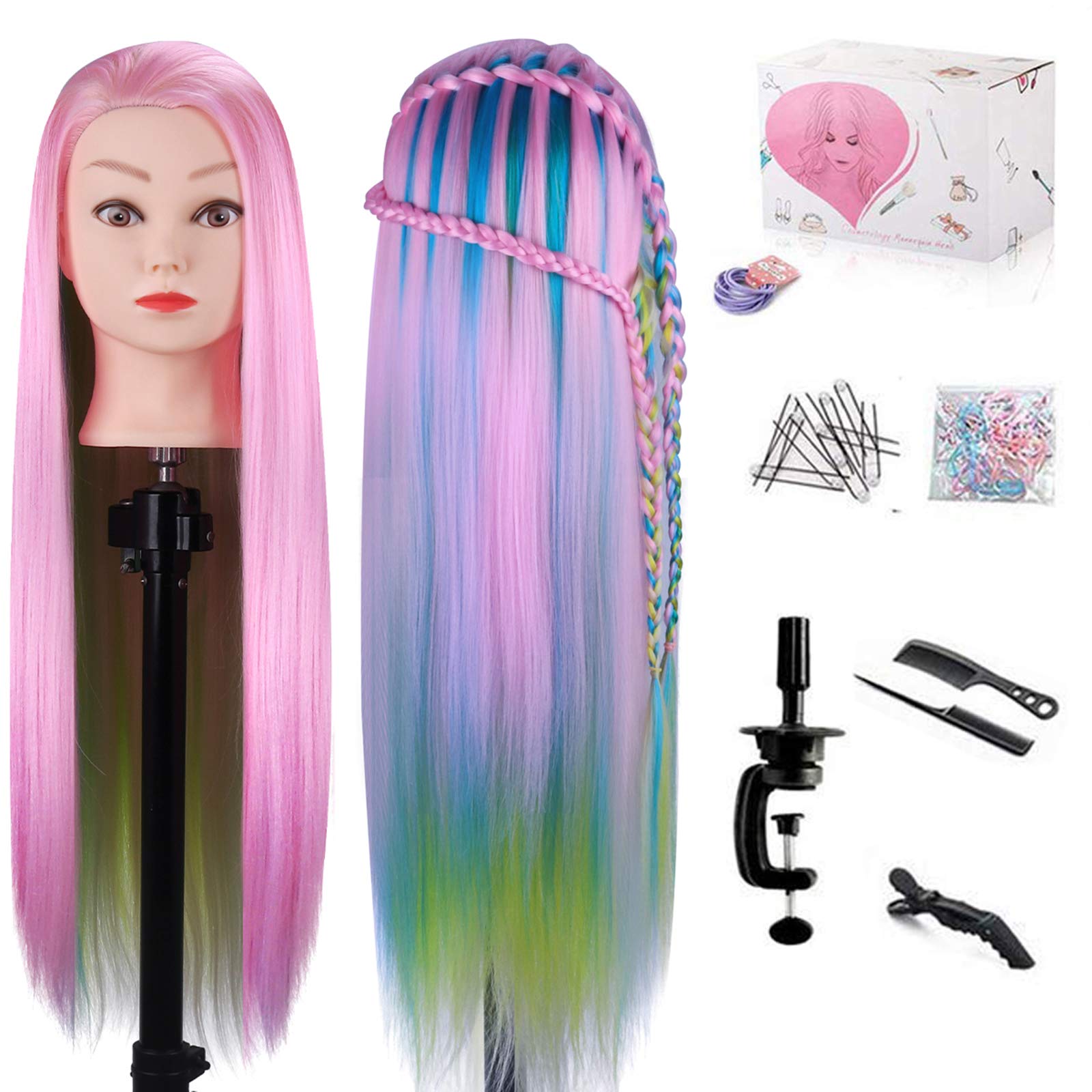 MYSWEETY 29-inch colorful hair mannequin head for washing practice and hair care demos.