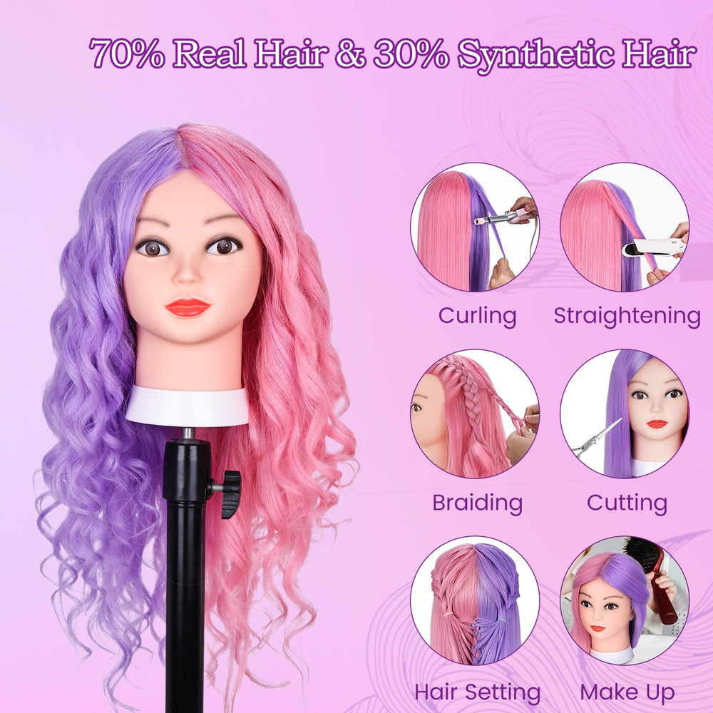 MYSWEETY 26-inch mannequin head shows vibrant purple-pink hair for creative styling.