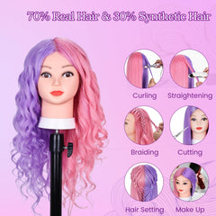 MYSWEETY 26-inch mannequin head shows vibrant purple-pink hair for creative styling.