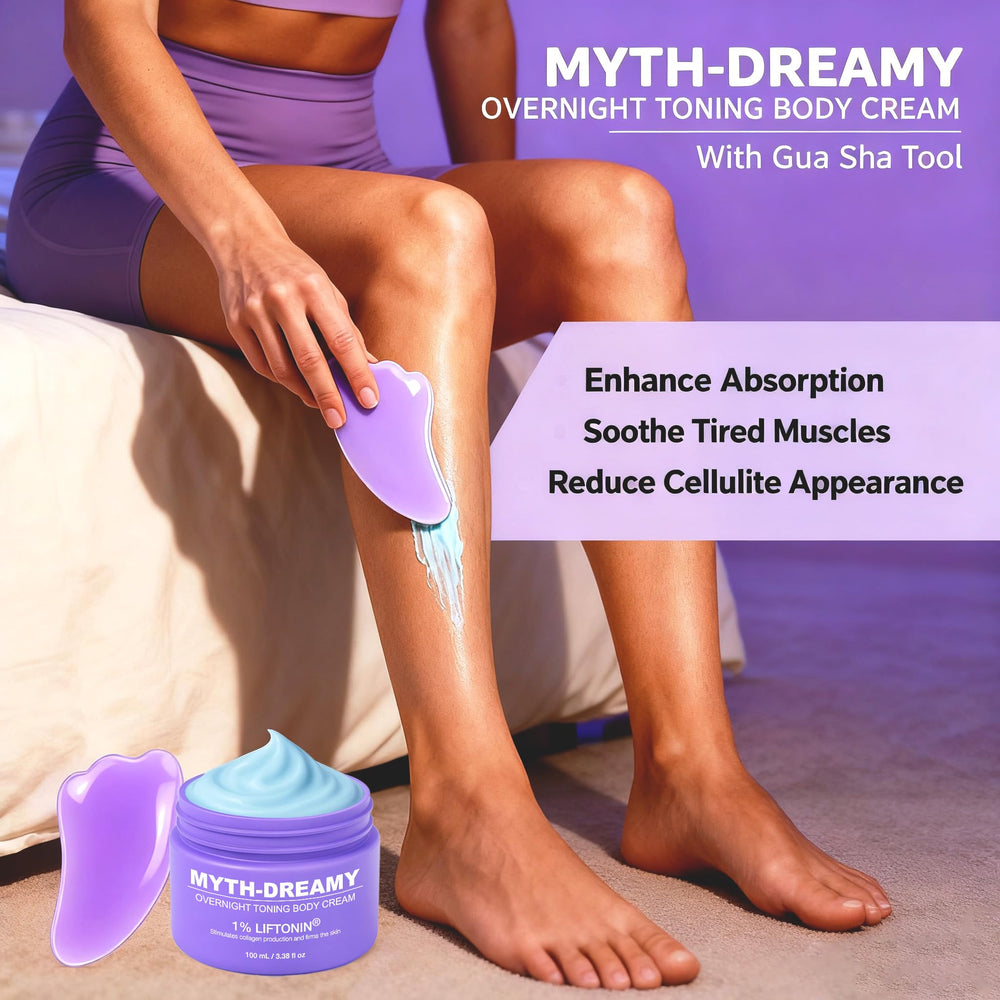 MythosFlow MYTH-Dreamy-thigh-application-shot demonstrates smoothing on thighs for contouring.