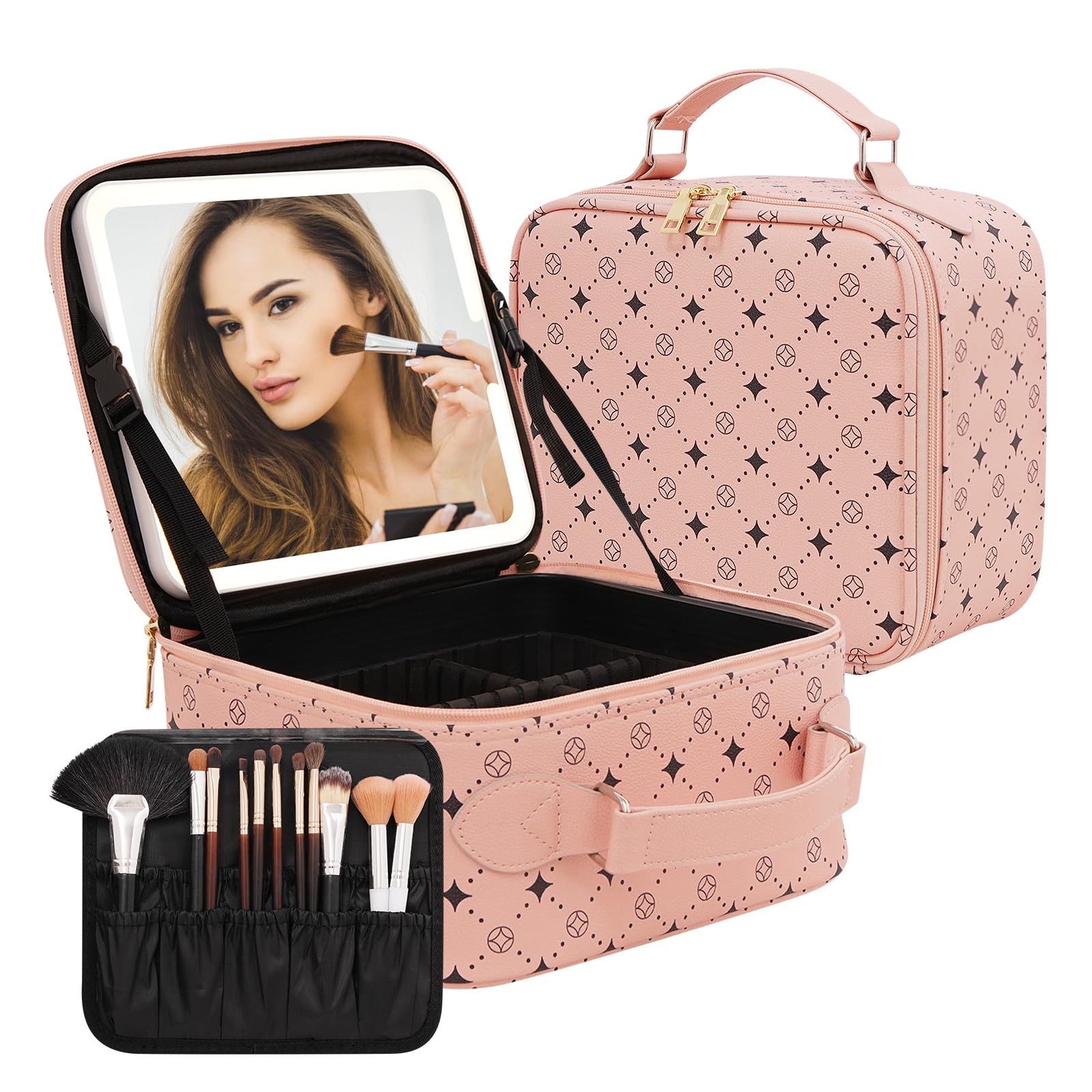 Myuren travel makeup bag features a 360-degree mirror for flexible makeup angles.