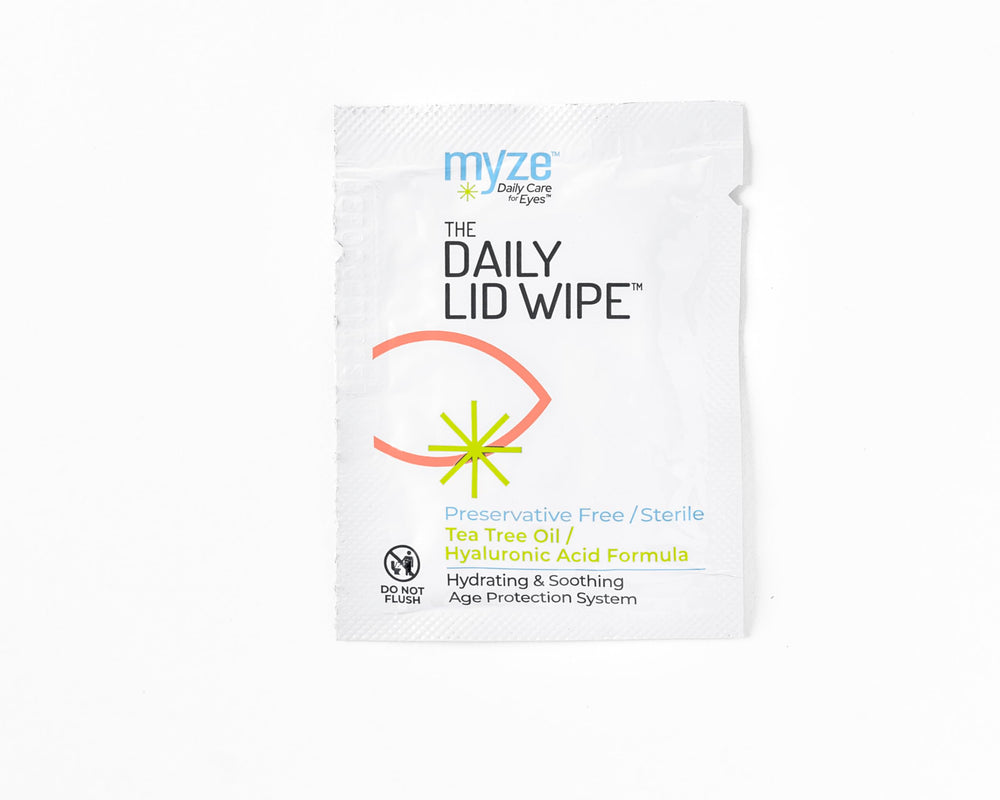 Myze Daily Lid Wipe hyaluronic acid boost hydrates the lid area.