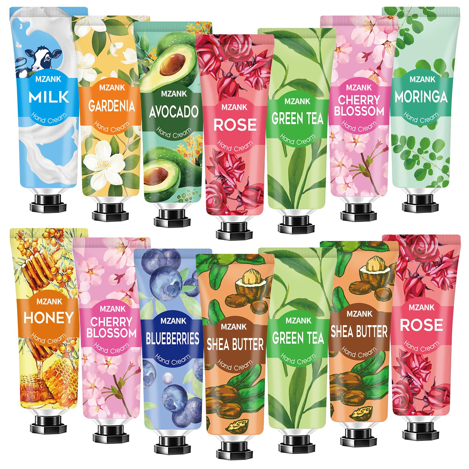 MZANK 14-pack hand cream variety scent bottles for daily moisturization options.