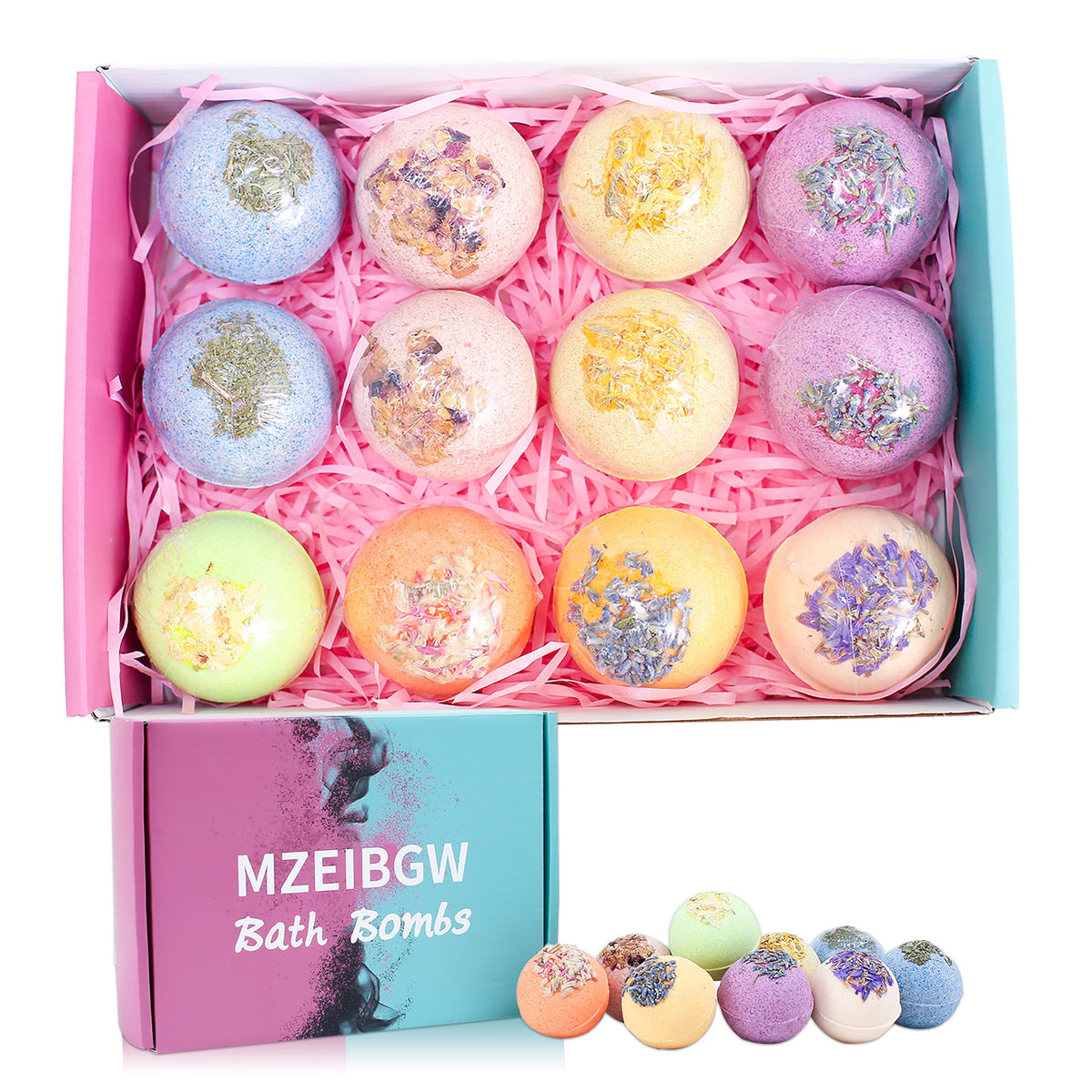 MZEIBGW Bath Bombs 12-Pack overview for gifting and relaxing baths.
