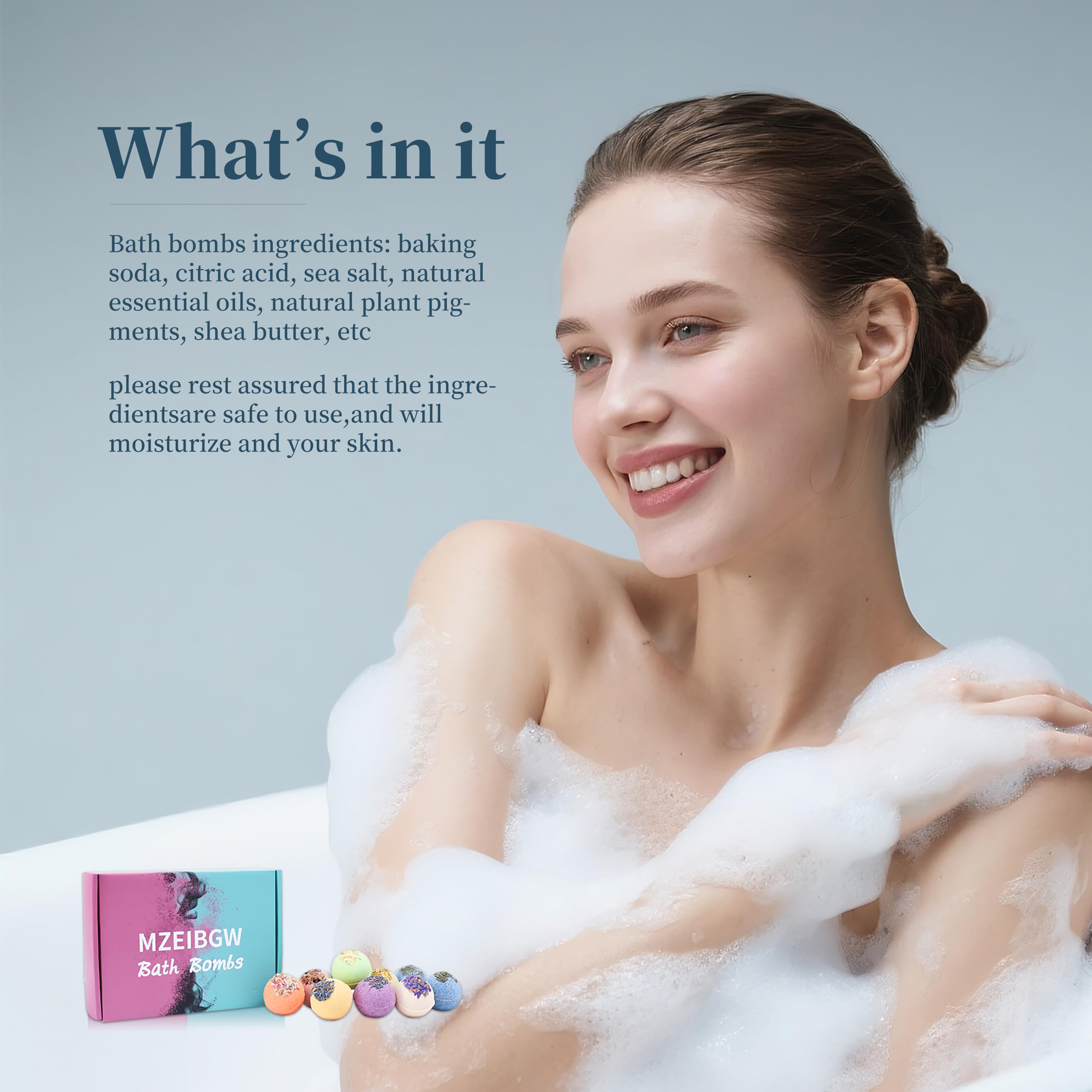 MZEIBGW Bath Bombs nourishing shea butter image suggests silky skin after bath.
