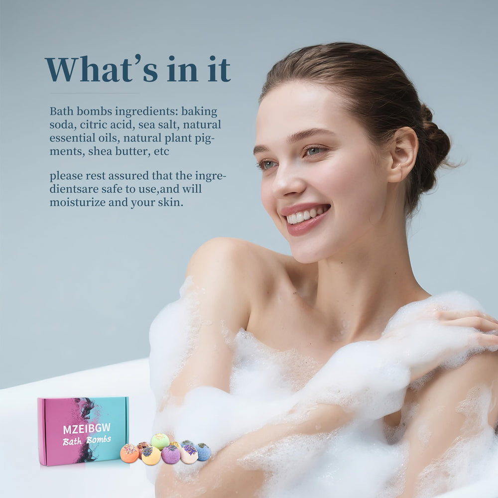 MZEIBGW Bath Bombs nourishing shea butter image suggests silky skin after bath.