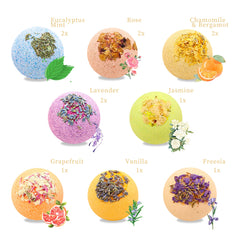 MZEIBGW Bath Bombs varieties—rose and lavender—highlight mood-enhancing aromatics for a soothing soak.