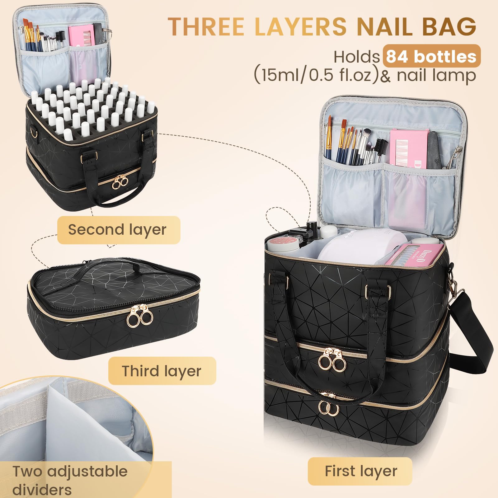 MZTXY three-layer nail polish organizer emphasizes compact storage and tool separation.