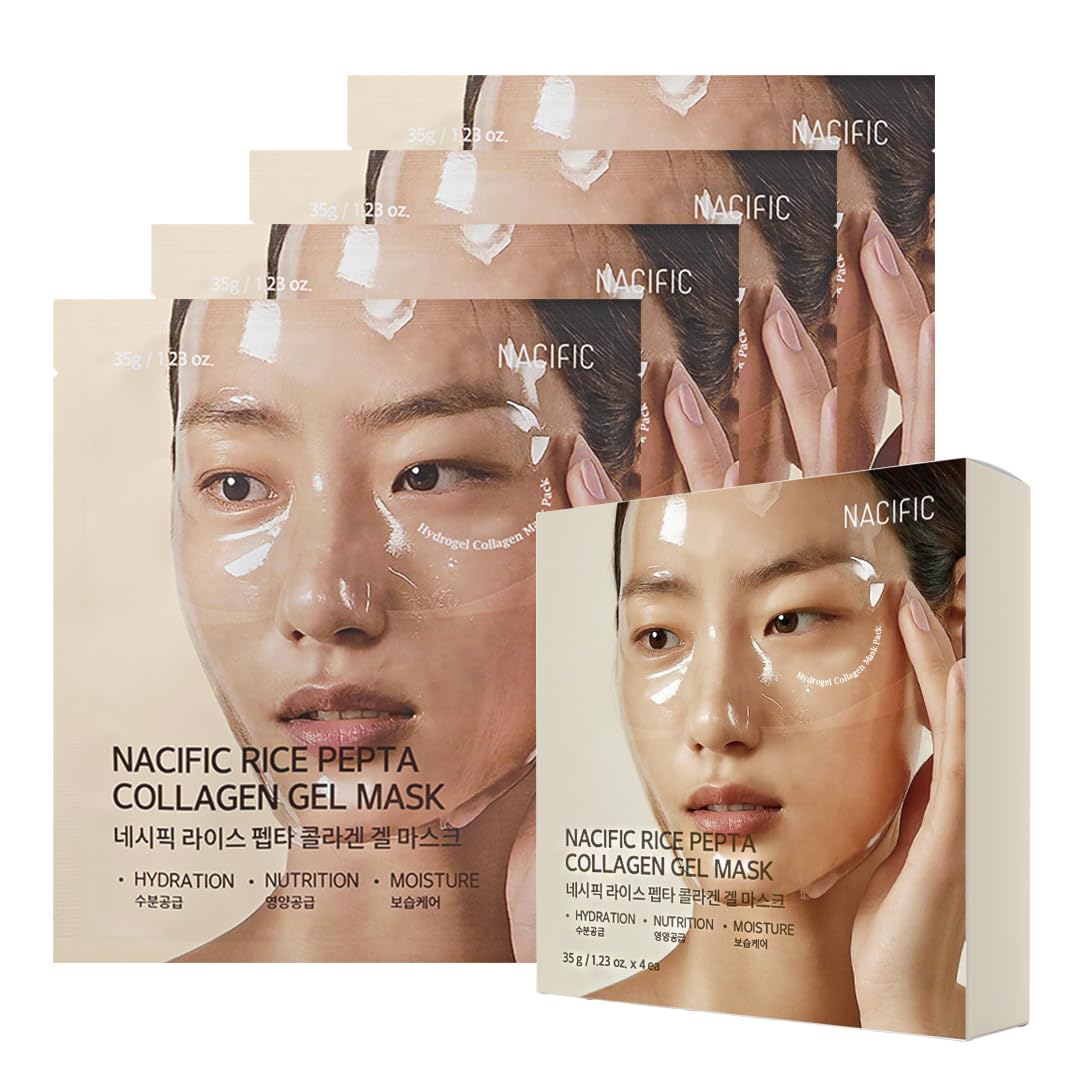 NACIFIC Rice Pepta Collagen mask packaging shows four-set for hydration