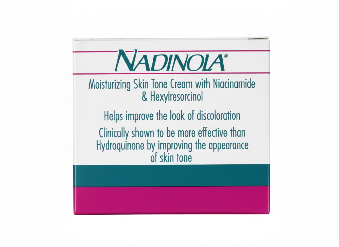 Nadinola packaging front showcasing premium skincare branding and jar design