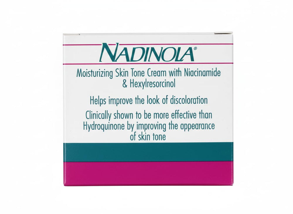 Nadinola packaging front showcasing premium skincare branding and jar design
