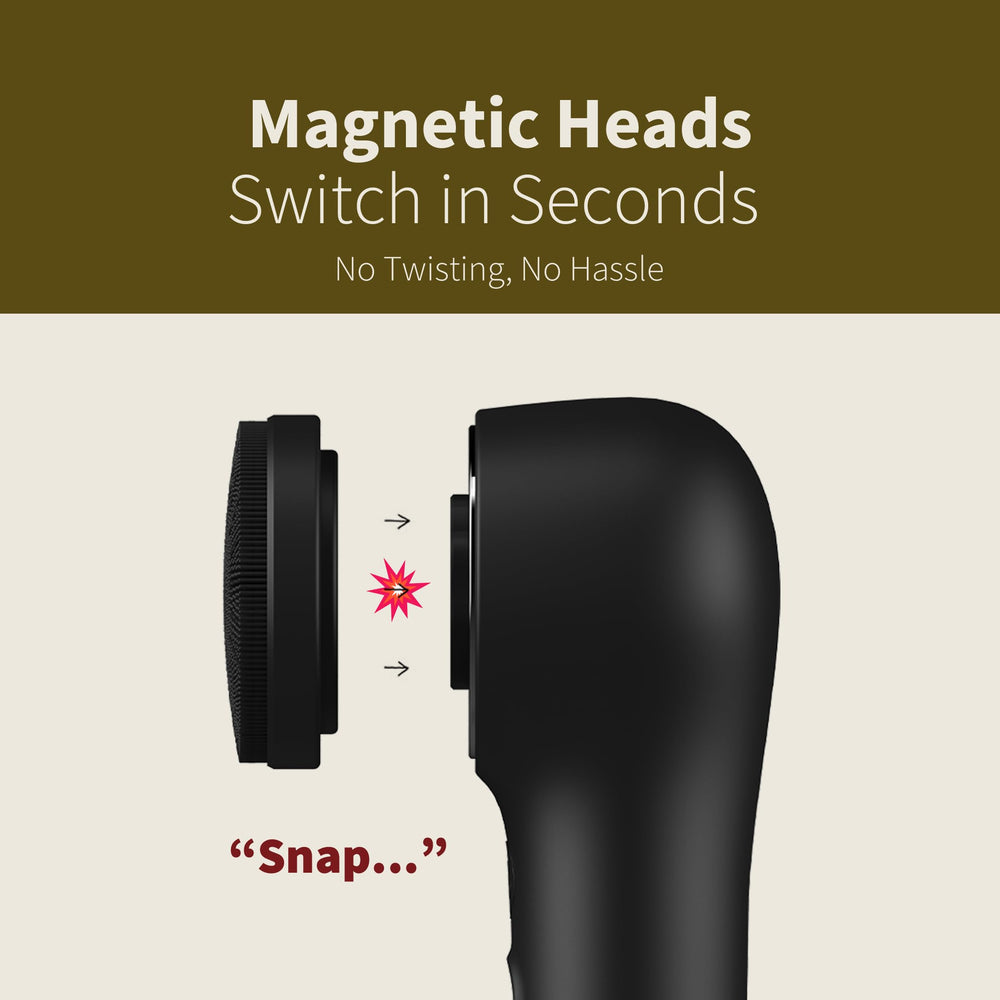 NågaCoola three brush heads closeup displays bristle, exfoliating, and soft silicone options.