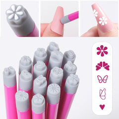 Nail-art-stamp-pen-set heart-patterns: Heart motifs for romantic looks and precise stamping.