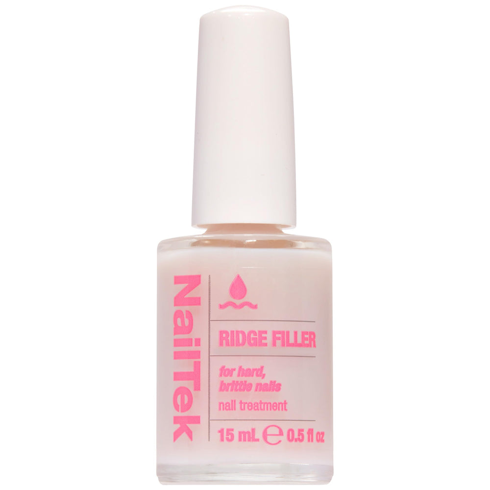 Nail Tek Ridge Filler Formula 3 bottle demonstrates a clear base coat that smooths ridges